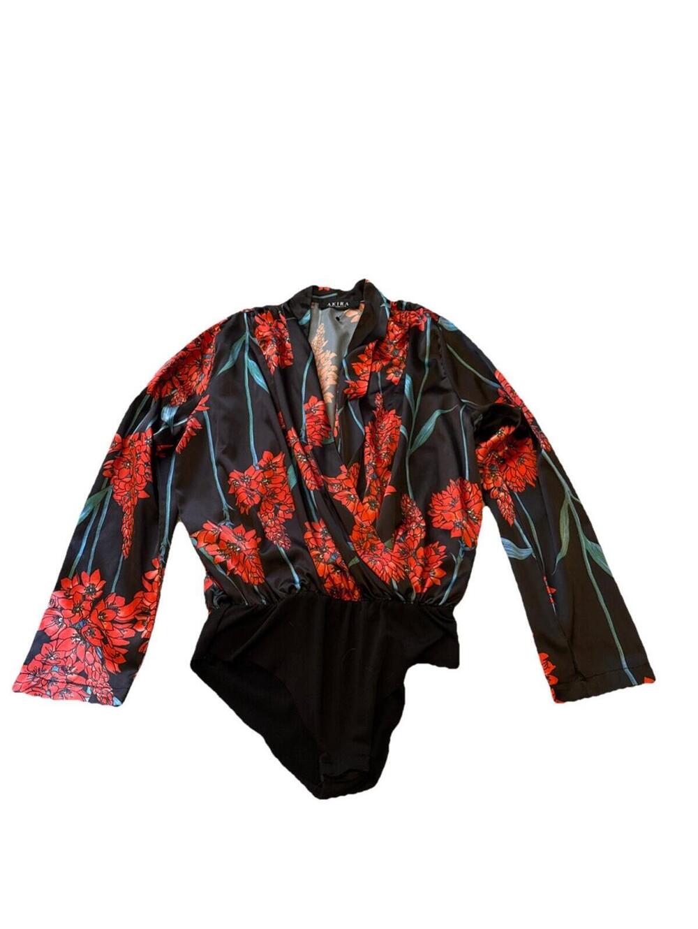 Zara x Akira Style Satin Floral Plunging V-Neck Long Sleeve Wrap Bodysuit Small